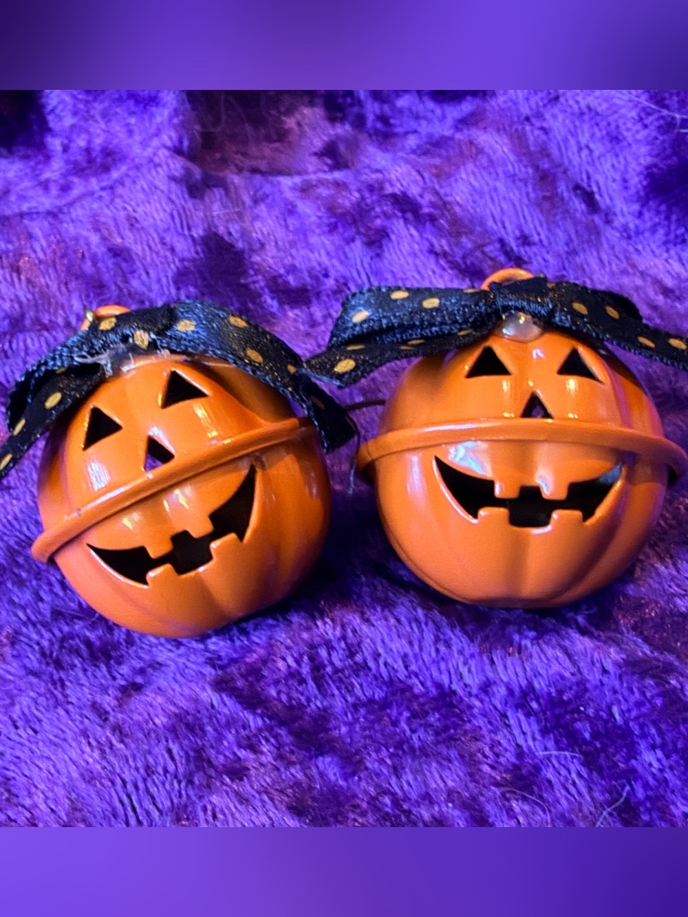 Orange Jack-O'-Lantern Bell Pair with Black Polka-Dot Ribbon earrings